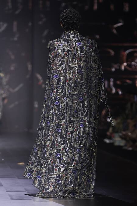 Shop Itrh Black Net Embellished Crystal Hierostyle Trench Coat And Pant Set at Aza Fashions Shop_Itrh_Black Net Embellished Crystal Hierostyle Trench Coat And Pant Set_at_Aza_Fashions