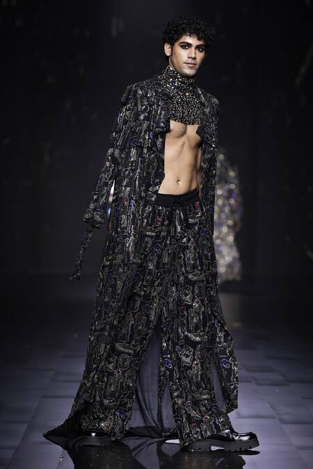 Itrh Black Net Embellished Crystal Hierostyle Trench Coat And Pant Set Online at Aza Fashions Itrh_Black Net Embellished Crystal Hierostyle Trench Coat And Pant Set_Online_at_Aza_Fashions