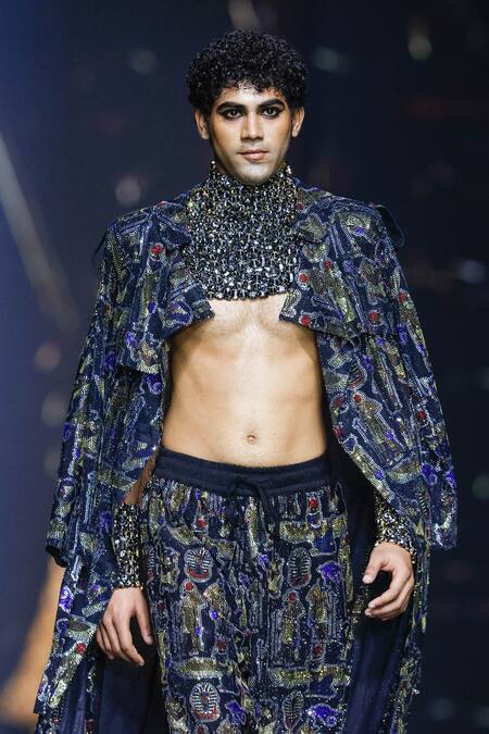 Shop Itrh Black Net Embellished Crystal Hierostyle Trench Coat And Pant Set Online at Aza Fashions Shop_Itrh_Black Net Embellished Crystal Hierostyle Trench Coat And Pant Set_Online_at_Aza_Fashions