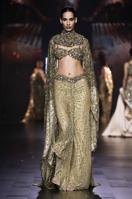 Itrh_Gold Net Crystals Sweetheart Neck, Collared Zahara Embellished Cape Skirt Set _Online_at_Aza_Fashions