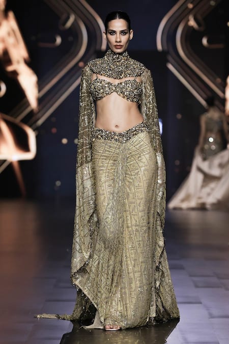 Buy_Itrh_Gold Net Crystals Sweetheart Neck, Collared Zahara Embellished Cape Skirt Set _Online_at_Aza_Fashions