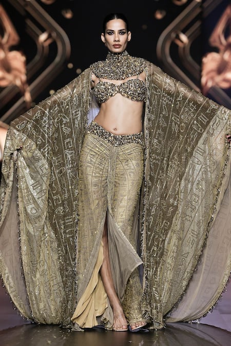 Shop_Itrh_Gold Net Crystals Sweetheart Neck, Collared Zahara Embellished Cape Skirt Set _Online_at_Aza_Fashions
