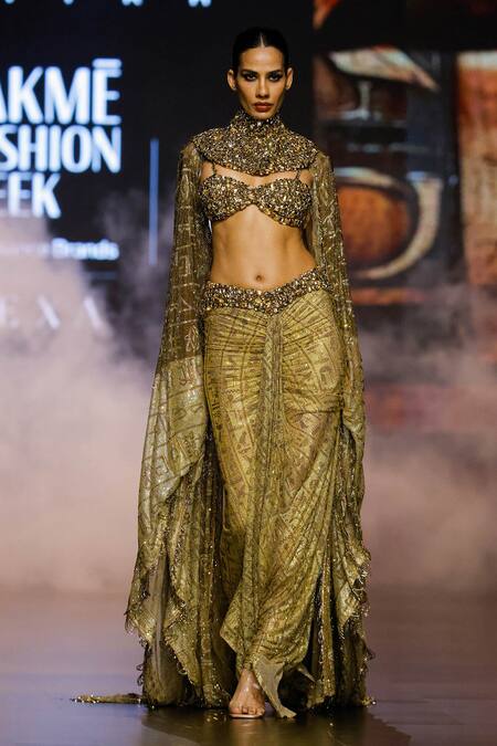 Itrh_Gold Net Crystals Sweetheart Neck, Collared Zahara Embellished Cape Skirt Set _at_Aza_Fashions