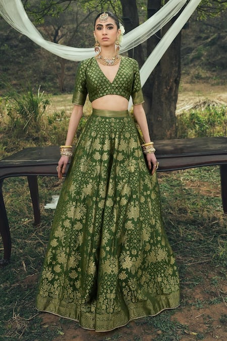 Safaa Green Silk, Velvet Embroidery V-neck The Hiraya Floral Woven Lehenga Set at Aza Fashions Safaa_Green Silk, Velvet Embroidery V-neck The Hiraya Floral Woven Lehenga Set _at_Aza_Fashions
