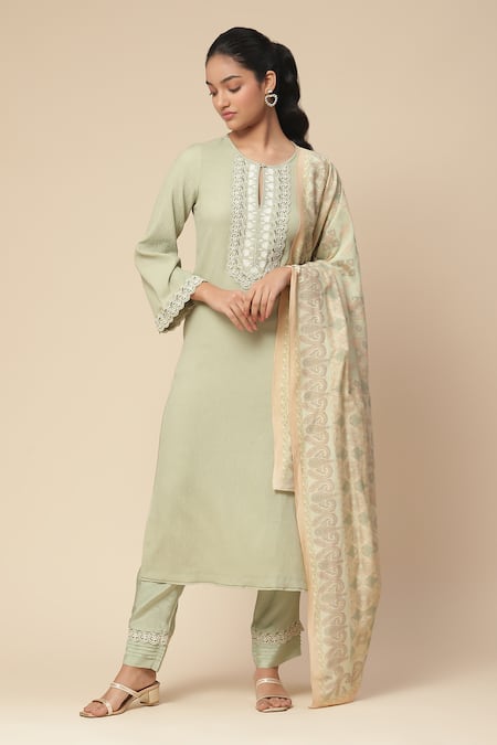 Aarke Ritu Kumar Green Crimp Moss Satin Embroidery Thread Keyhole Ersheen Placket Kurta Set 