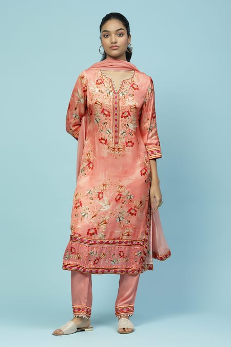 Aarke Ritu Kumar Peach Recycle Poly Satin Printed Floral Notched Rubaiyat Kurta Set 