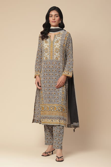 Aarke Ritu Kumar Grey Viscose Cotton Georgette Printed Mughal Notched Ekka Kurta Set 