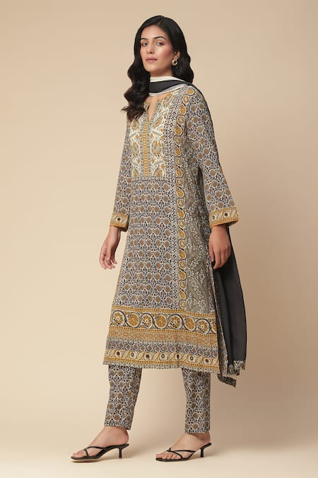 Ritu Kumar, Ri.Ritu Kumar, aarke Ritu Kumar Grey Cotton, Georgette, Viscose Lace, Embroidery Ekka Mughal Print Kurta Set Online at Aza Fashions Ritu Kumar, Ri.Ritu Kumar, aarke Ritu Kumar_Grey Cotton, Georgette, Viscose Lace, Embroidery Ekka Mughal Print Kurta Set_Online_at_Aza_Fashions