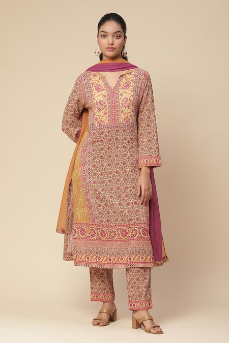 Aarke Ritu Kumar Yellow Viscose Cotton Georgette Printed Mughal Notched Ekka Flower Kurta Set 