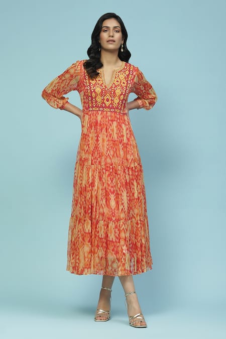 Aarke Ritu Kumar Orange Recycle Chiffon Print Art Parker Embroidered Yoke Tiered Midi Dress 