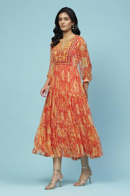Ritu Kumar, Ri.Ritu Kumar, aarke Ritu Kumar_Orange Chiffon Embroidery Round Parker Art Bloom Print Yoke Tiered Midi Dress_Online_at_Aza_Fashions