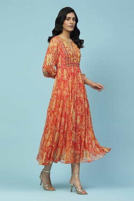 Buy_Ritu Kumar, Ri.Ritu Kumar, aarke Ritu Kumar_Orange Chiffon Embroidery Round Parker Art Bloom Print Yoke Tiered Midi Dress_Online_at_Aza_Fashions