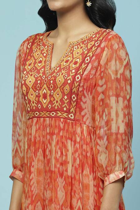 Shop_Ritu Kumar, Ri.Ritu Kumar, aarke Ritu Kumar_Orange Chiffon Embroidery Round Parker Art Bloom Print Yoke Tiered Midi Dress_Online_at_Aza_Fashions