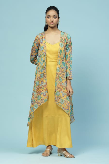 Aarke Ritu Kumar Turbat Florid Garden Print Shrug With Solid Dress 