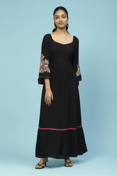 Buy Black Rayon Slub Embroidery Floral Cluster Barbara Maxi Dress For