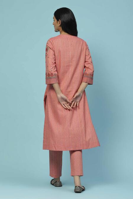Shop Ritu Kumar, Ri.Ritu Kumar, aarke Ritu Kumar Pink Cotton Embroidery Round Neck Shagufta Yoke Kurta And Pant Set at Aza Fashions Shop_Ritu Kumar, Ri.Ritu Kumar, aarke Ritu Kumar_Pink Cotton Embroidery Round Neck Shagufta Yoke Kurta And Pant Set_at_Aza_Fashions