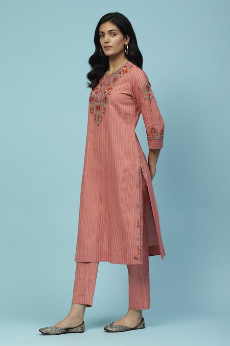 Ritu Kumar, Ri.Ritu Kumar, aarke Ritu Kumar Pink Cotton Embroidery Round Neck Shagufta Yoke Kurta And Pant Set Online at Aza Fashions Ritu Kumar, Ri.Ritu Kumar, aarke Ritu Kumar_Pink Cotton Embroidery Round Neck Shagufta Yoke Kurta And Pant Set_Online_at_Aza_Fashions