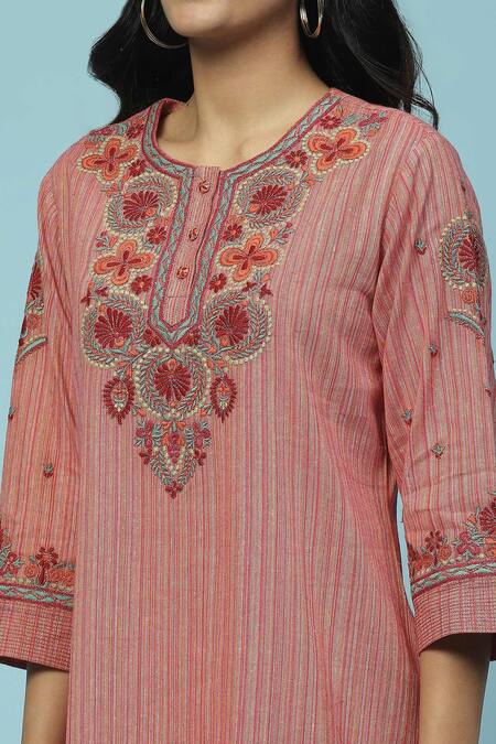 Shop Ritu Kumar, Ri.Ritu Kumar, aarke Ritu Kumar Pink Cotton Embroidery Round Neck Shagufta Yoke Kurta And Pant Set Online at Aza Fashions Shop_Ritu Kumar, Ri.Ritu Kumar, aarke Ritu Kumar_Pink Cotton Embroidery Round Neck Shagufta Yoke Kurta And Pant Set_Online_at_Aza_Fashions