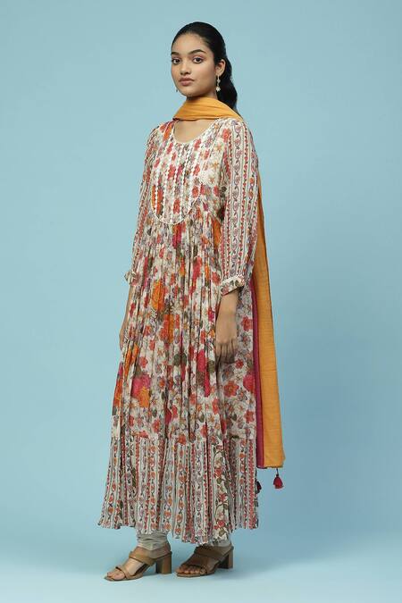 Ritu Kumar, Ri.Ritu Kumar, aarke Ritu Kumar_Beige , Satin Embroidery, Floral Print Anarkali Set With Dupatta_Online_at_Aza_Fashions