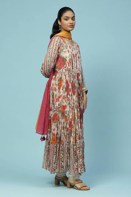 Buy_Ritu Kumar, Ri.Ritu Kumar, aarke Ritu Kumar_Beige , Satin Embroidery, Floral Print Anarkali Set With Dupatta_Online_at_Aza_Fashions