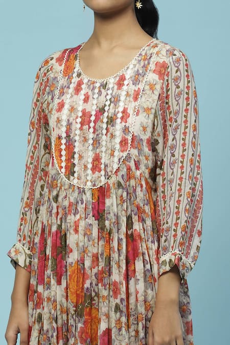 Shop_Ritu Kumar, Ri.Ritu Kumar, aarke Ritu Kumar_Beige , Satin Embroidery, Floral Print Anarkali Set With Dupatta_Online_at_Aza_Fashions