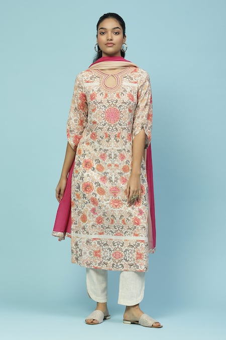 Aarke Ritu Kumar Beige Cotton Slub Printed Floral Round Keyhole Tutti Fruti Kurta Set 