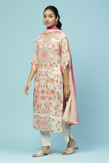 Ritu Kumar, Ri.Ritu Kumar, aarke Ritu Kumar_Beige , Satin Embroidery Keyhole Tutti Fruti Floral Print Kurta Set_Online_at_Aza_Fashions