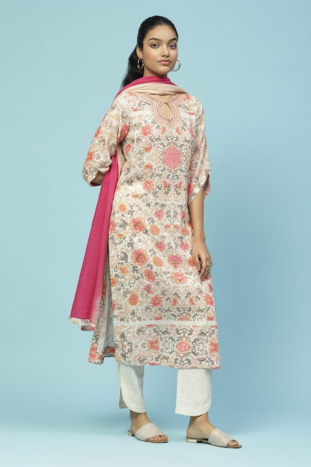 Buy_Ritu Kumar, Ri.Ritu Kumar, aarke Ritu Kumar_Beige , Satin Embroidery Keyhole Tutti Fruti Floral Print Kurta Set_Online_at_Aza_Fashions