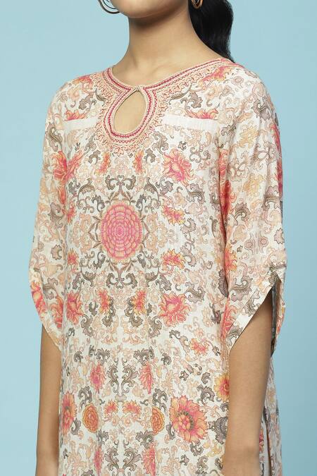 Shop_Ritu Kumar, Ri.Ritu Kumar, aarke Ritu Kumar_Beige , Satin Embroidery Keyhole Tutti Fruti Floral Print Kurta Set_Online_at_Aza_Fashions