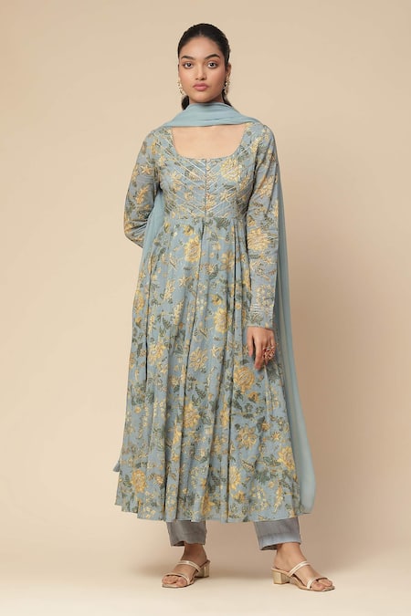 Aarke Ritu Kumar Blue Cotton Voile Printed Botanic U Neck Abhavya Anarkali Set 