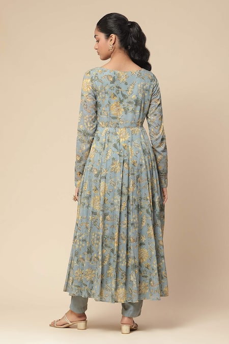 Shop Ritu Kumar, Ri.Ritu Kumar, aarke Ritu Kumar Blue Cotton, Rayon Embroidery Round Neck Botanic Print Anarkali Set at Aza Fashions Shop_Ritu Kumar, Ri.Ritu Kumar, aarke Ritu Kumar_Blue Cotton, Rayon Embroidery Round Neck Botanic Print Anarkali Set_at_Aza_Fashions