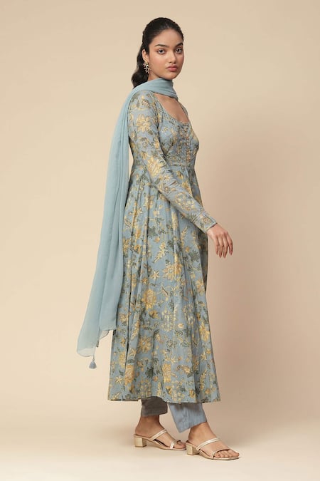 Ritu Kumar, Ri.Ritu Kumar, aarke Ritu Kumar Blue Cotton, Rayon Embroidery Round Neck Botanic Print Anarkali Set Online at Aza Fashions Ritu Kumar, Ri.Ritu Kumar, aarke Ritu Kumar_Blue Cotton, Rayon Embroidery Round Neck Botanic Print Anarkali Set_Online_at_Aza_Fashions