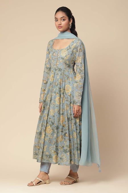 Buy Ritu Kumar, Ri.Ritu Kumar, aarke Ritu Kumar Blue Cotton, Rayon Embroidery Round Neck Botanic Print Anarkali Set Online at Aza Fashions Buy_Ritu Kumar, Ri.Ritu Kumar, aarke Ritu Kumar_Blue Cotton, Rayon Embroidery Round Neck Botanic Print Anarkali Set_Online_at_Aza_Fashions