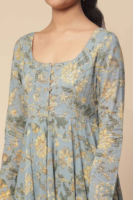 Shop Ritu Kumar, Ri.Ritu Kumar, aarke Ritu Kumar Blue Cotton, Rayon Embroidery Round Neck Botanic Print Anarkali Set Online at Aza Fashions Shop_Ritu Kumar, Ri.Ritu Kumar, aarke Ritu Kumar_Blue Cotton, Rayon Embroidery Round Neck Botanic Print Anarkali Set_Online_at_Aza_Fashions