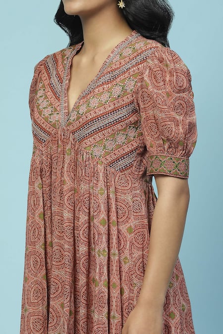 Shop_Ritu Kumar, Ri.Ritu Kumar, aarke Ritu Kumar_Brown Cotton, Rayon V-neck Aishani Printed Anarkali Pant Set_Online_at_Aza_Fashions