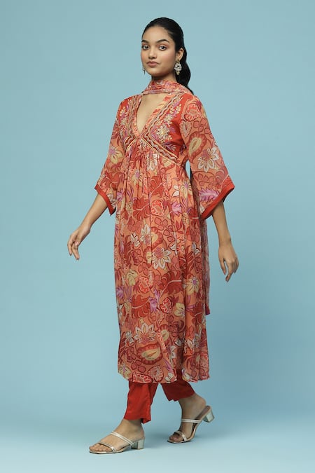Ritu Kumar, Ri.Ritu Kumar, aarke Ritu Kumar_Orange Rayon, Chiffon Tassels V-neck Botanic Print Anarkali Set_Online_at_Aza_Fashions