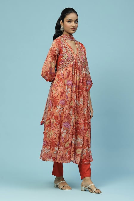 Buy_Ritu Kumar, Ri.Ritu Kumar, aarke Ritu Kumar_Orange Rayon, Chiffon Tassels V-neck Botanic Print Anarkali Set_Online_at_Aza_Fashions