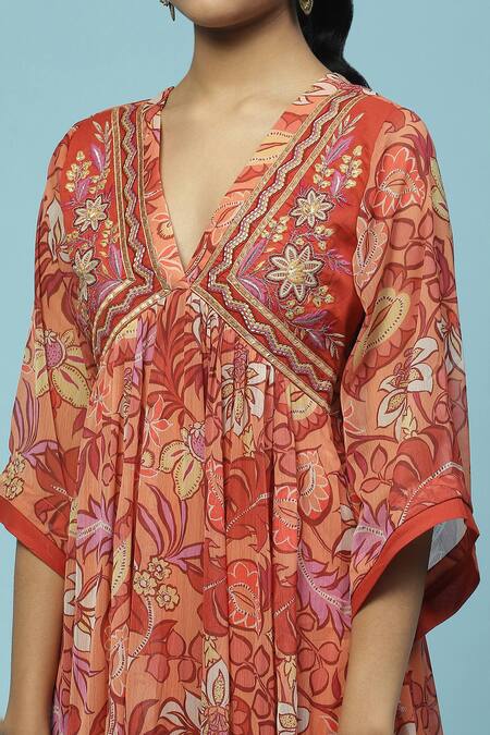 Shop_Ritu Kumar, Ri.Ritu Kumar, aarke Ritu Kumar_Orange Rayon, Chiffon Tassels V-neck Botanic Print Anarkali Set_Online_at_Aza_Fashions