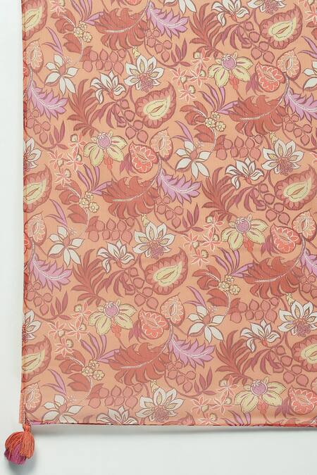 Buy_Ritu Kumar, Ri.Ritu Kumar, aarke Ritu Kumar_Orange Rayon, Chiffon Tassels V-neck Botanic Print Anarkali Set