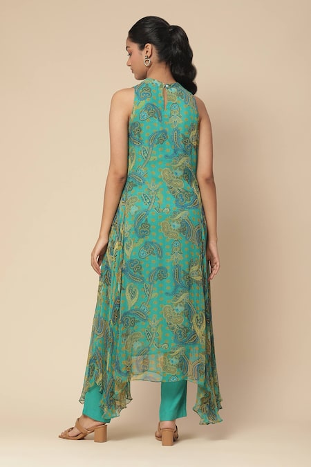 Shop Ritu Kumar, Ri.Ritu Kumar, aarke Ritu Kumar Blue Rayon, Chiffon Collared Della Paisley Print Kurta Pant Set at Aza Fashions Shop_Ritu Kumar, Ri.Ritu Kumar, aarke Ritu Kumar_Blue Rayon, Chiffon Collared Della Paisley Print Kurta Pant Set_at_Aza_Fashions
