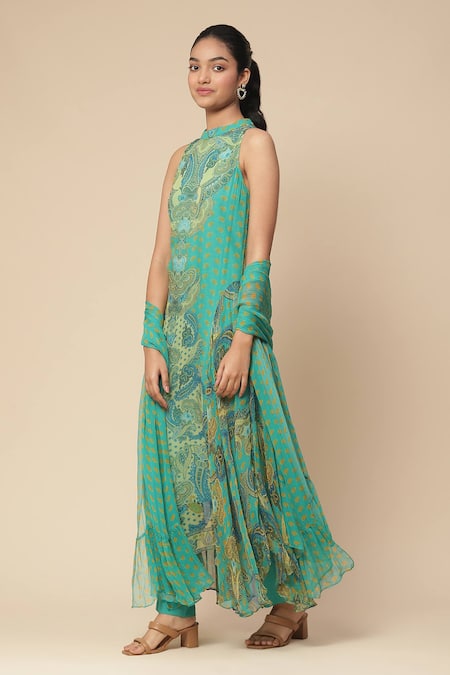 Ritu Kumar, Ri.Ritu Kumar, aarke Ritu Kumar Blue Rayon, Chiffon Collared Della Paisley Print Kurta Pant Set Online at Aza Fashions Ritu Kumar, Ri.Ritu Kumar, aarke Ritu Kumar_Blue Rayon, Chiffon Collared Della Paisley Print Kurta Pant Set_Online_at_Aza_Fashions