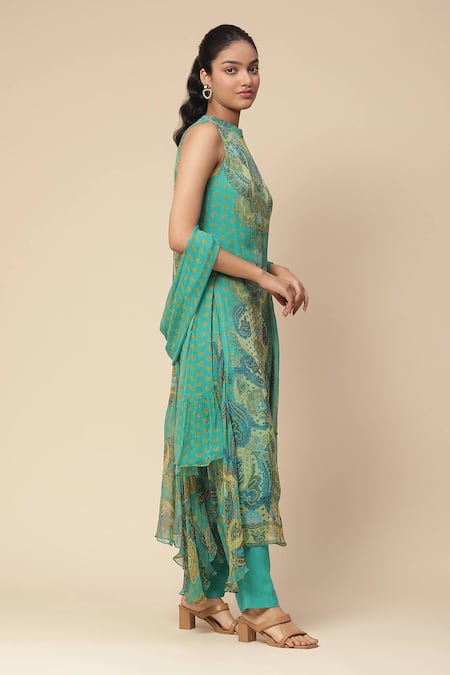 Buy Ritu Kumar, Ri.Ritu Kumar, aarke Ritu Kumar Blue Rayon, Chiffon Collared Della Paisley Print Kurta Pant Set Online at Aza Fashions Buy_Ritu Kumar, Ri.Ritu Kumar, aarke Ritu Kumar_Blue Rayon, Chiffon Collared Della Paisley Print Kurta Pant Set_Online_at_Aza_Fashions