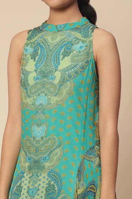 Shop Ritu Kumar, Ri.Ritu Kumar, aarke Ritu Kumar Blue Rayon, Chiffon Collared Della Paisley Print Kurta Pant Set Online at Aza Fashions Shop_Ritu Kumar, Ri.Ritu Kumar, aarke Ritu Kumar_Blue Rayon, Chiffon Collared Della Paisley Print Kurta Pant Set_Online_at_Aza_Fashions