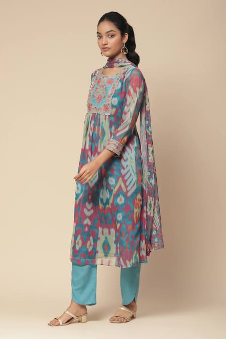Ritu Kumar, Ri.Ritu Kumar, aarke Ritu Kumar_Blue Rayon, Chiffon Embroidery Parker Abstract Print Gathered Kurta Pant Set_Online_at_Aza_Fashions