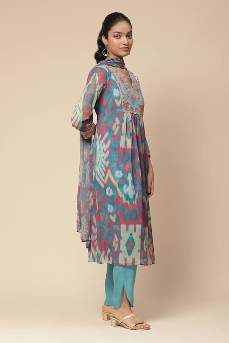 Buy_Ritu Kumar, Ri.Ritu Kumar, aarke Ritu Kumar_Blue Rayon, Chiffon Embroidery Parker Abstract Print Gathered Kurta Pant Set_Online_at_Aza_Fashions