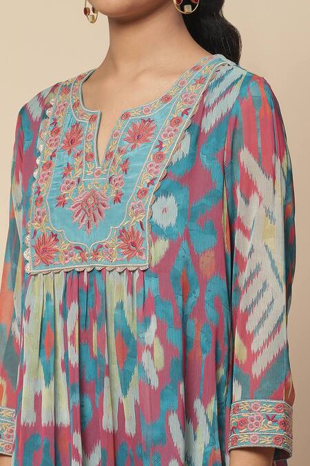 Shop_Ritu Kumar, Ri.Ritu Kumar, aarke Ritu Kumar_Blue Rayon, Chiffon Embroidery Parker Abstract Print Gathered Kurta Pant Set_Online_at_Aza_Fashions