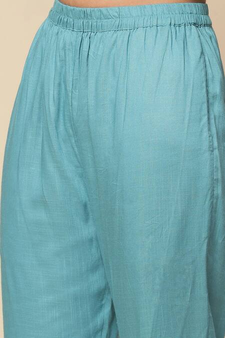 Ritu Kumar, Ri.Ritu Kumar, aarke Ritu Kumar_Blue Rayon, Chiffon Embroidery Parker Abstract Print Gathered Kurta Pant Set_at_Aza_Fashions