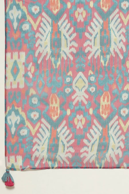 Buy_Ritu Kumar, Ri.Ritu Kumar, aarke Ritu Kumar_Blue Rayon, Chiffon Embroidery Parker Abstract Print Gathered Kurta Pant Set