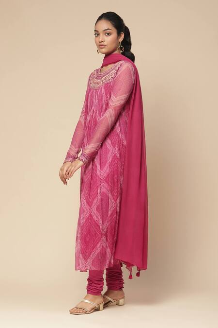 Ritu Kumar, Ri.Ritu Kumar, aarke Ritu Kumar Fuchsia Cotton, Voile, Chiffon Embroidery, Sitashi Geometric Print Anarkali Set Online at Aza Fashions Ritu Kumar, Ri.Ritu Kumar, aarke Ritu Kumar_Fuchsia Cotton, Voile, Chiffon Embroidery, Sitashi Geometric Print Anarkali Set_Online_at_Aza_Fashions