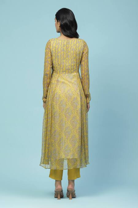 Shop Ritu Kumar, Ri.Ritu Kumar, aarke Ritu Kumar Yellow Rayon, Chiffon Embroidery Sanvi Floral Jaal Print Gathered Kurta Set at Aza Fashions Shop_Ritu Kumar, Ri.Ritu Kumar, aarke Ritu Kumar_Yellow Rayon, Chiffon Embroidery Sanvi Floral Jaal Print Gathered Kurta Set_at_Aza_Fashions